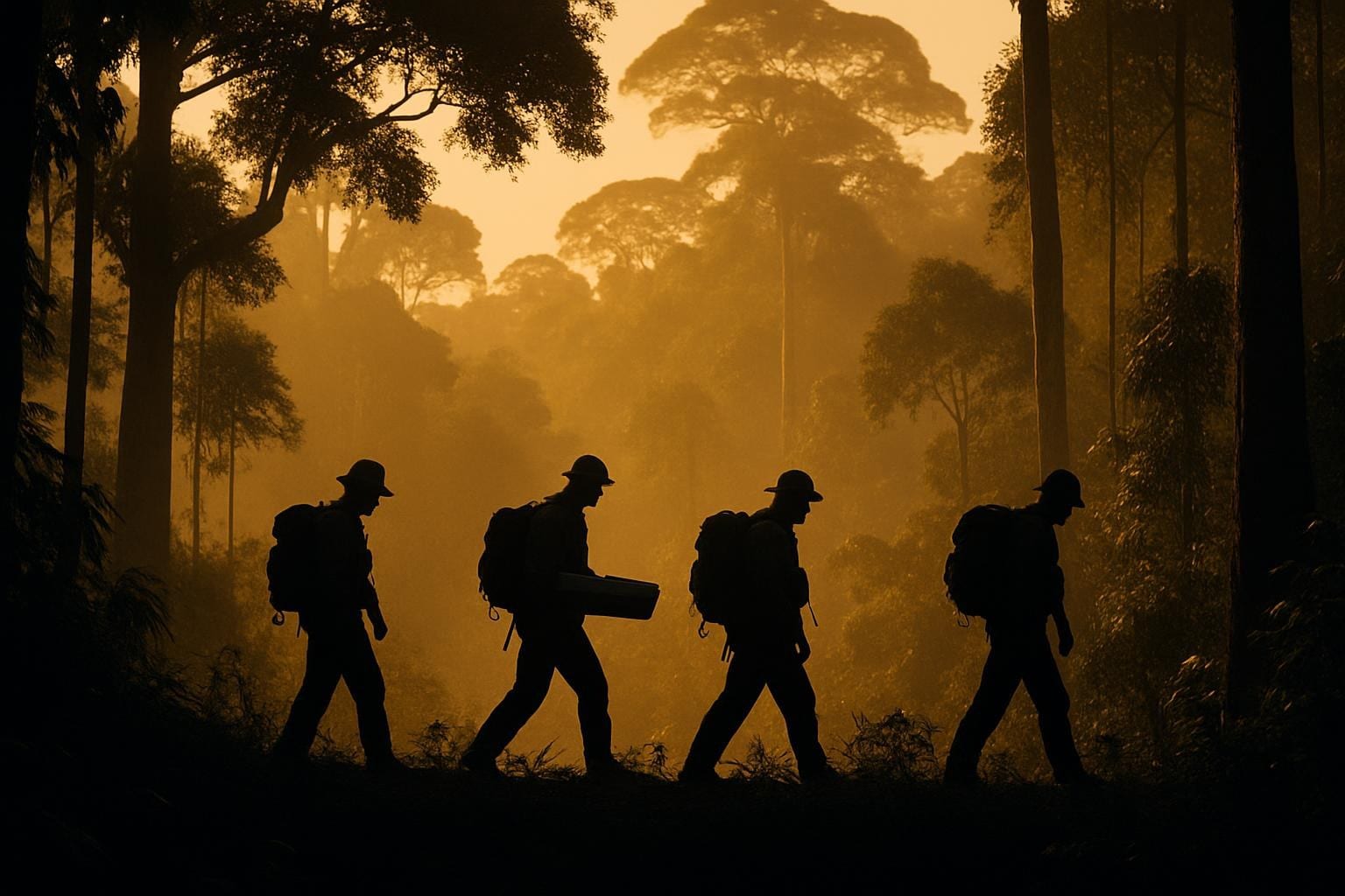Illustrative: exploration field crew silhouetted on a forested ridgeline at golden hour