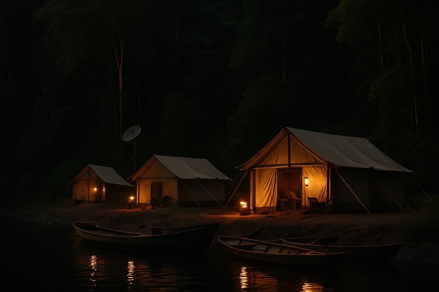 Illustrative: riverside exploration camp at dusk in the rainforest
