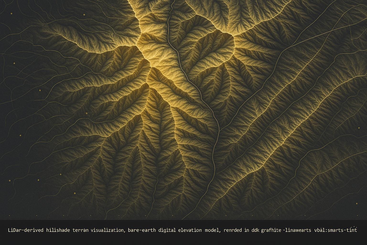 Illustrative LiDAR-style bare-earth hillshade render, gold-tinted terrain — schematic, not survey data