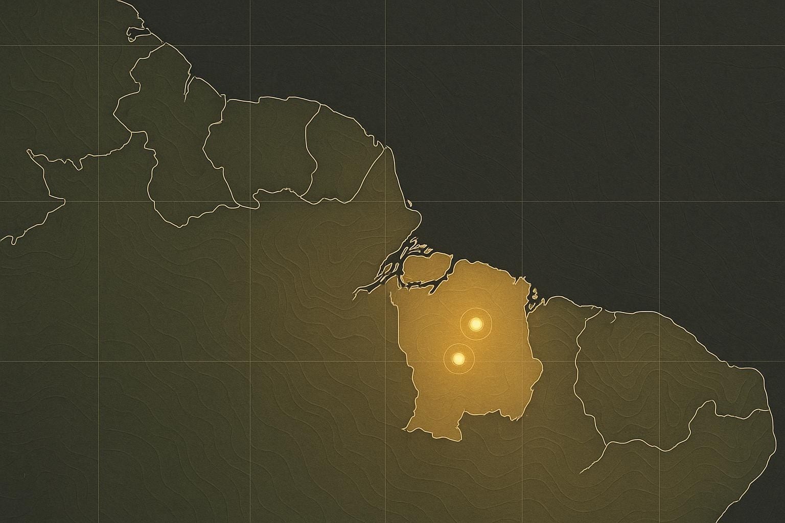 Illustrative locator map: the Sela Creek (west) and Nassau (east) gold projects in eastern Suriname, Guiana Shield. Schematic — not to scale.