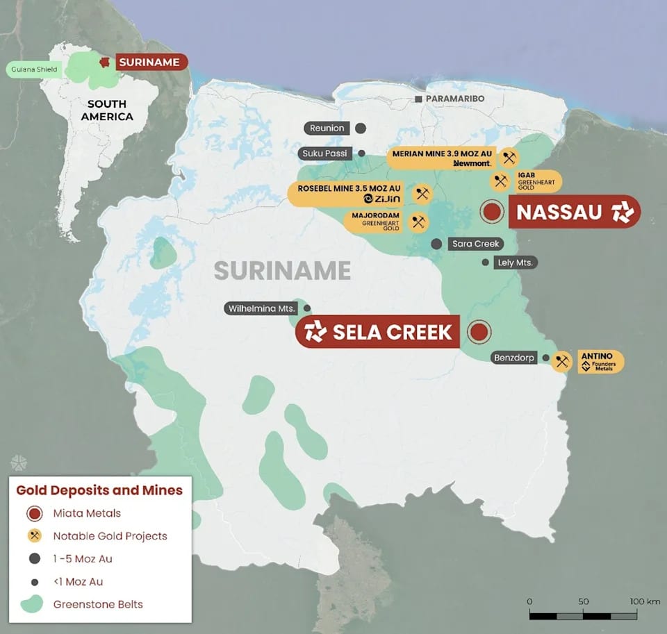 Map showing the location of the Sela Creek and Nassau gold projects, along with other notable gold projects, in Suriname.