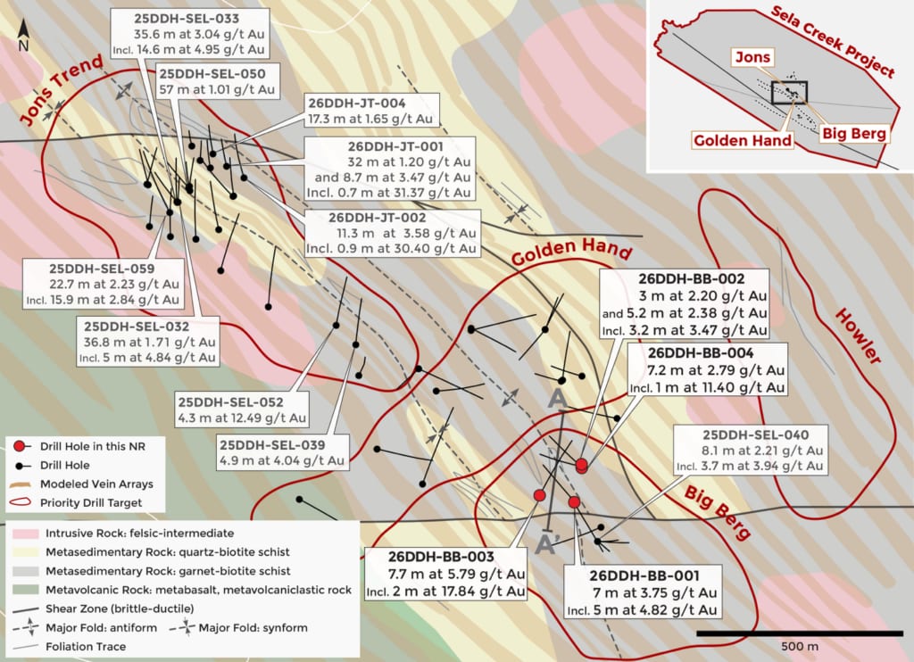 Plan map of the four Big Berg discovery drill collars (26DDH-BB-001 to 004) and modeled vein arrays, showing the Big Berg target sitting along the same northwest–southeast structural corridor as Jons Trend roughly 1 km to the northwest.
