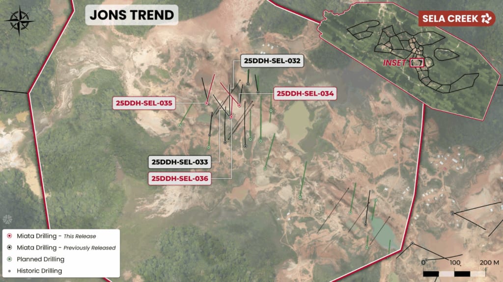 Figure 2. Drill plan in the Jons Trend target. Planned collars are shown in green. The NNW-SSE extent of the Jons Trend target will be tested over 800 m.