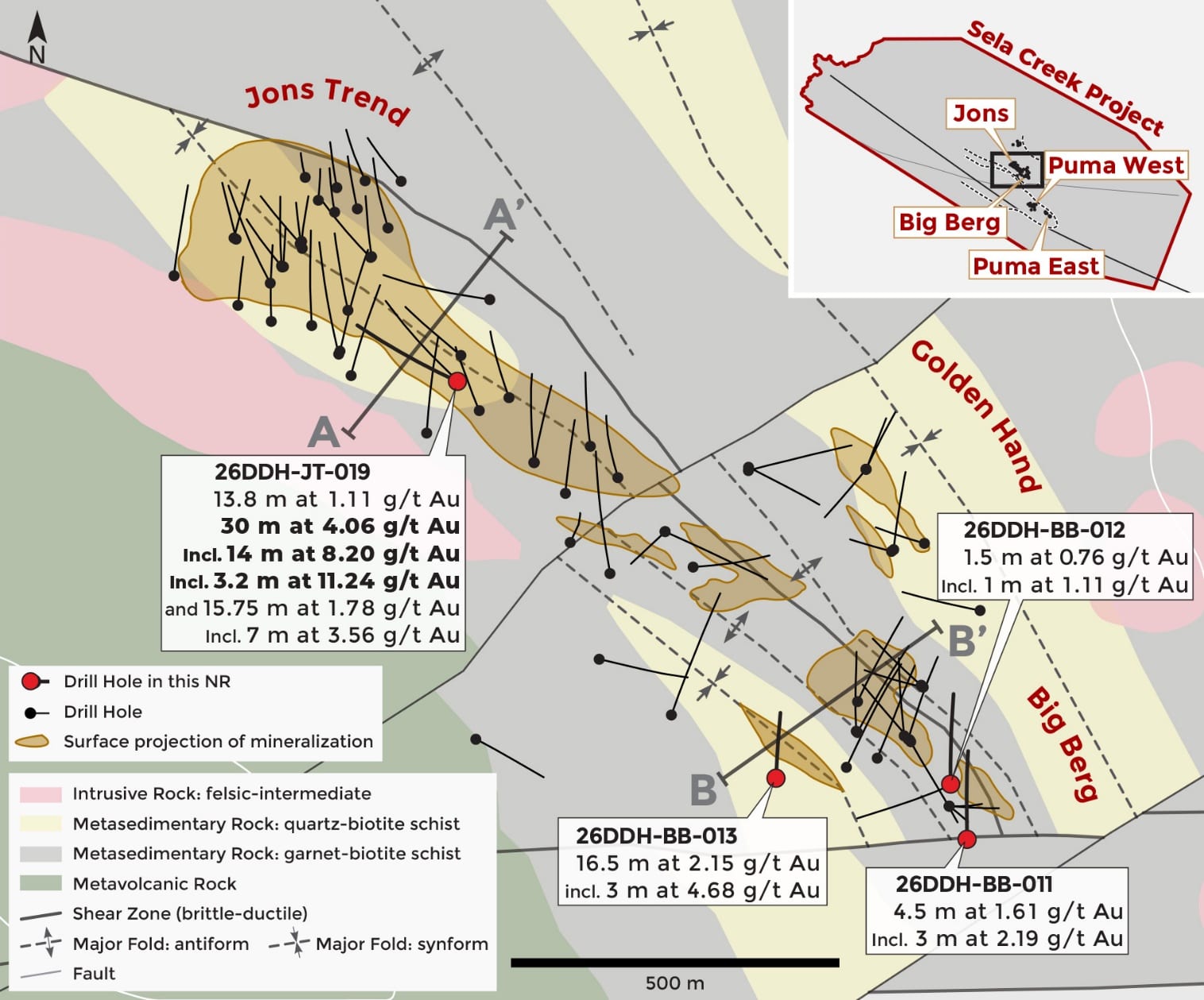 Overview map of the Jons Trend and Big Berg corridor with surface expression of mineralized zones and recent drill collars highlighted.