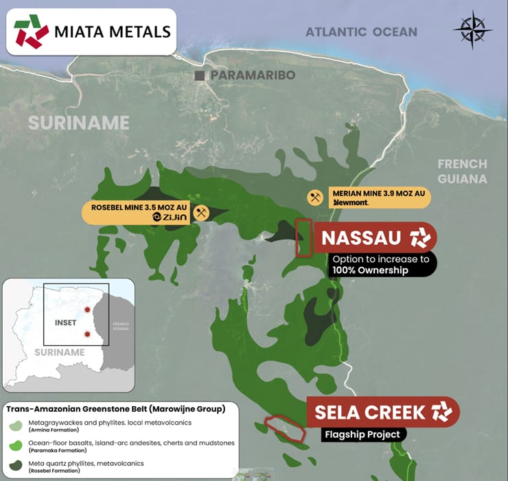 Map showing the location of the Nassau and Sela Creek gold projects in Suriname relative to the producing Rosebel and Merian gold mines.