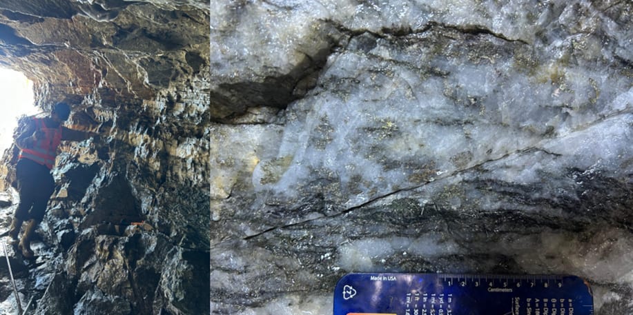 Adit recently excavated by artisanal miners at Sela Creek, showing banded sulphide-bearing veins and a tonalite intrusion in the hanging wall.