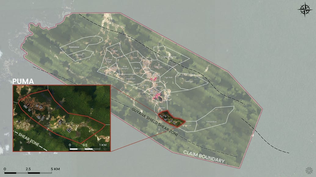 Drilled areas in red and target areas in white, overlain on orthophotos flown in 2024 on the 215 km2 Sela Creek gold project, with planned drill collars in black and drilled collars in red.