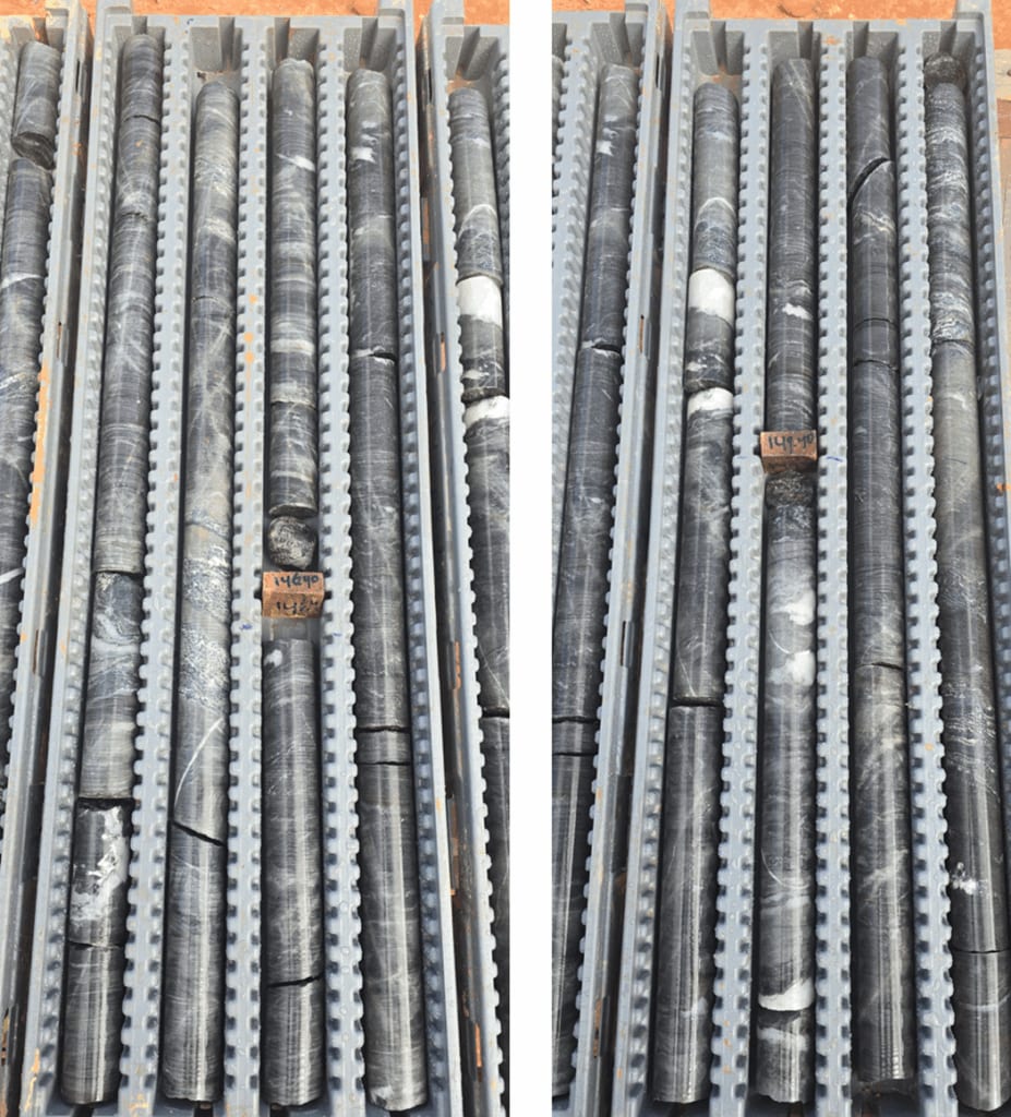 Drill core images showing veining and alteration in 25DDH-SEL-018 between approximately 145 and 151m.