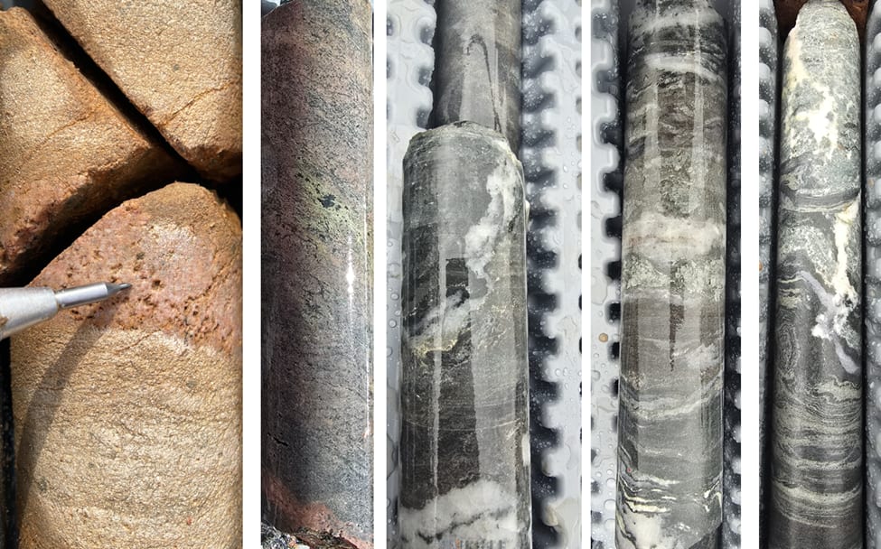 Drill core photographs from 25DDH-SEL-018 and 25DDH-SEL-019 showing relic boxwork pyrite, k-feldspar and biotite alteration, and intense veining.