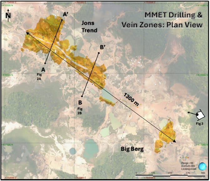 Plan view of Jons Trend and Big Berg with geological section lines indicated, as well as viewpoint of Figure 4.