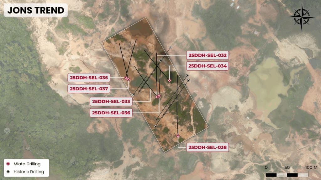 Collars of drill holes in Jons Trend, showing room for expansion based on similar zones being mined in adjacent pits.