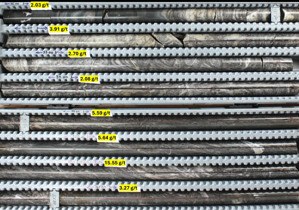 25DDH-SEL-033 drill core showing the interval from 94.93 m to 102.60 m, including 8.93 g/t gold over 3 m from 99 m to 102 m.